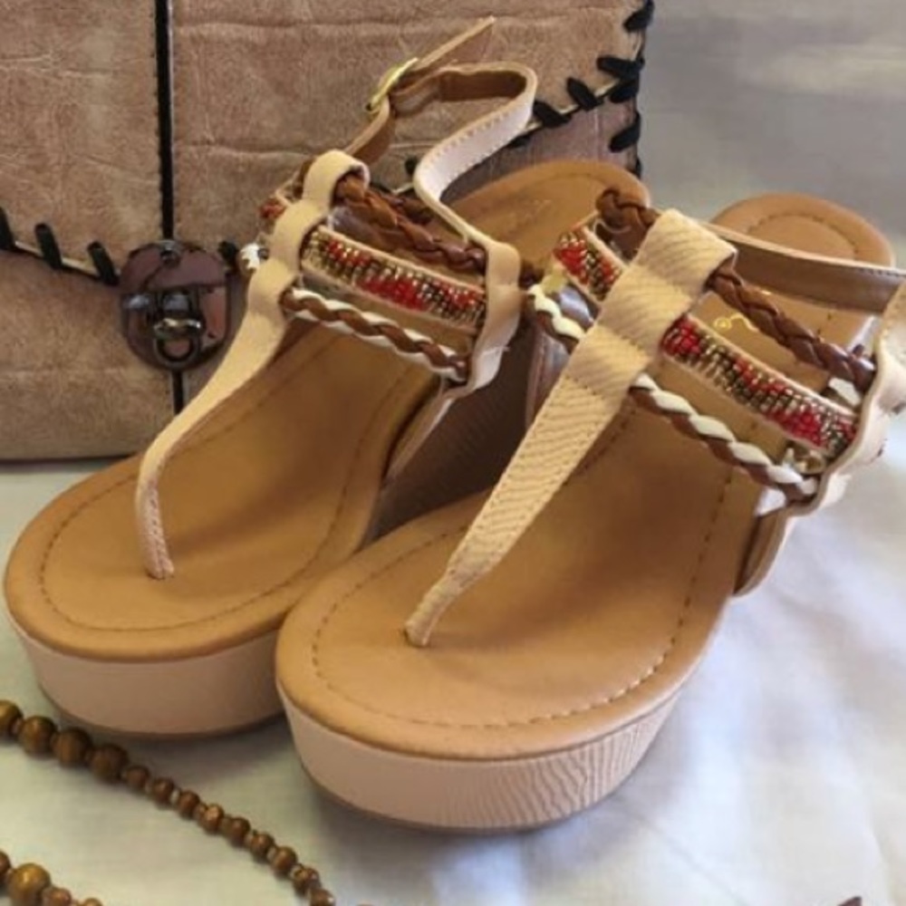 Qupid Beige Tan Platform Wedge Sandals with Braided Accent